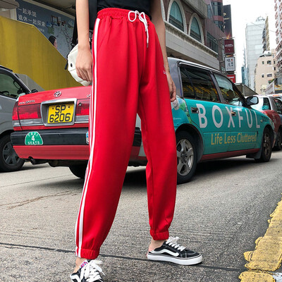 

Fashion Casual Side Striped Harlan Pants Loose Style Pocket Decoration Women Ankle-length Pants Elastic Waist High Waist
