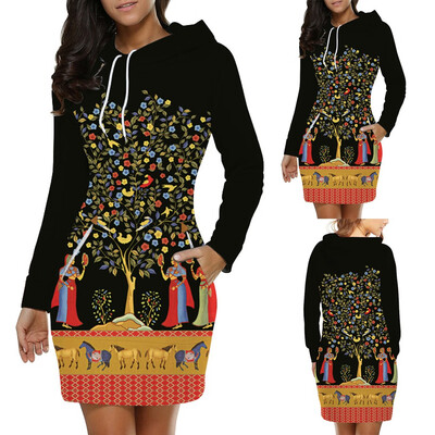 

Tailored Fashion Women Leisure Print Long Sleeve Hooded O-Neck Dress