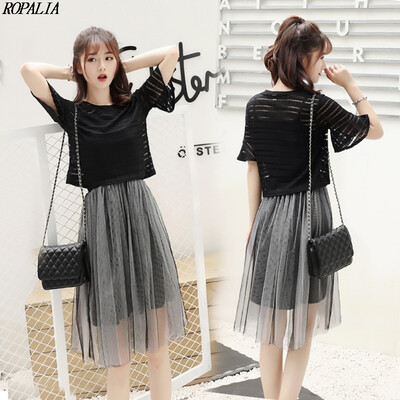 

Womens Korean Style O-Neck Solid Top And Mesh Sling Spaghetti Strap Dress 2 Pieces Set