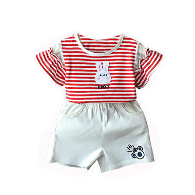 

Children Summer Comfortable Cartoon Stripes Printed Short Sleeve T-shirt Round Collar Casual TopsPants 1-5Y