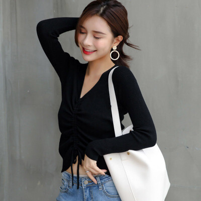 

Casual Womens Long Sleeve V Neck Drawstring Knit Slim Pullover Sweater Tops Warm Basic Winter Sweater Woman 2018