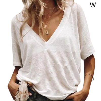 

Women Summer tshirt Concise Casual tee shirt femme All-match Solid Color Loose Short Sleeve V-collar T-shirts