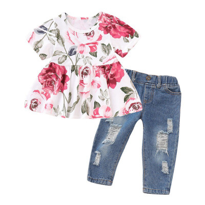 

Summer Girl Print T-shirt Set Fashion Print T-shirt Hole Jeans Clothes Set Kids Clothes Girls Denim Pants