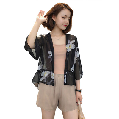 

Summer Sunscreen Flowers Cardigan Chiffon Japan Wind Printing Jacket blouse shirt kimono tops female
