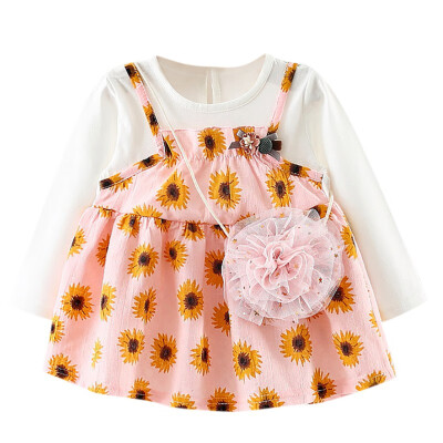 

Autumn Casual Baby Girls Floral Pattern Long Sleeve Fake 2 Piece Dress Kids Sundress With Bag