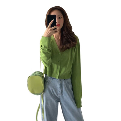 

Korean Style Womens Sweater Solid Long Sleeve V-Neck Thin Blouse Sun Protection Button Up Knitted Cardigan Sweater