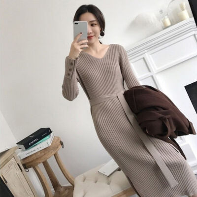 

Women Autumn Knit Dress Sashes Slim Waist Long Sleeve V-neck Bottom Vestidos Lady Slim Stretch Knitwear Dresses