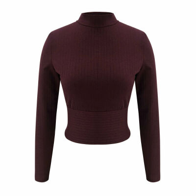 

Womens Autumn High Neck Cropped Tops Ladies Pullover Long Sleeve Blouse T Shirt