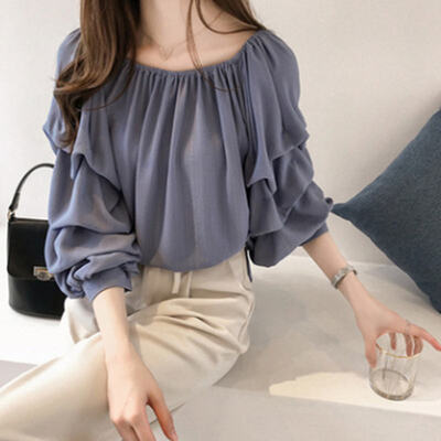 

Women Solid Color Slim Sweet Sexy One Word Collar Long Sleeve Casual Autumn Loose Tops Blouse New Arrived