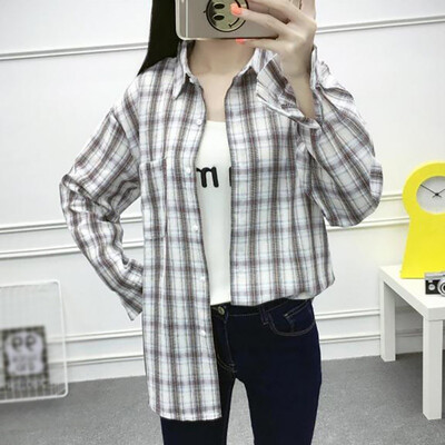 

Women Long Sleeve Blouse Vintage Casual Plaid Shirt Female Harajuku Womens Shirts
