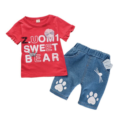 

Summer Baby Girls Short Sleeve Floral Letter Print T-shirt TopsCat Paws Denim Shorts Suits Casual Outfits Sets