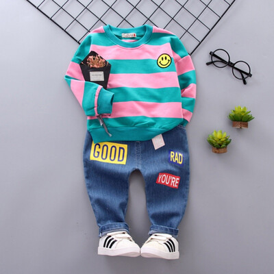 

Autumn Baby Boy Girl 2pcs Sets Striped Print Long Sleeve Sweatshirt Blouse Letters Trousers Casual Outfits Clothes