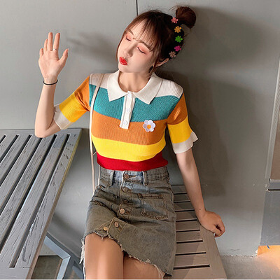 

New ladies striped sweater for spring summer korean sweater woman summer short sleeve FLOWER RAINBOW KNITTED SHIRT women