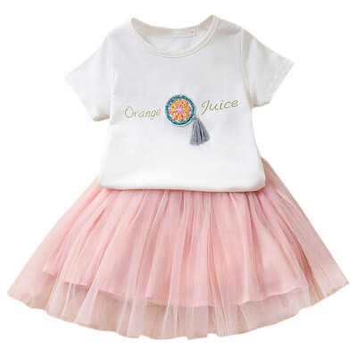 

Girls Clothing Sets Summer Fashion Letter Printed T-ShirtsPink Mesh Skirts Dress 2Pcs Girls Clothes Sets