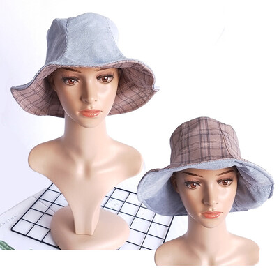 

Double-sided fishermans hat Korean version of leisure Plaid basin hat Xia Literature&Art Youth Shade hat Japanese hat