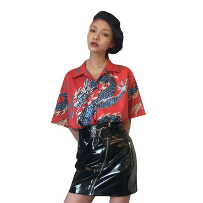 

Short Sleeve Dragon Print Shirts Female Streetwear 2019 Summer Women Harajuku Blouse Femme Tops&Blouses