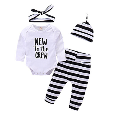 

4Pcs Newborn Girls Boys Rompers Infant Long Sleeve Letter Print Jumpsuit Autumn Cotton Pants Headband Hats Outfits Set