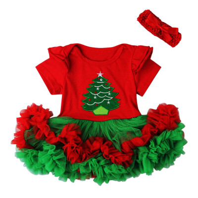 

Baby Girls Christmas Outfit Trees Pattern Short Sleeve Romper Tutu Dress with Headband Set