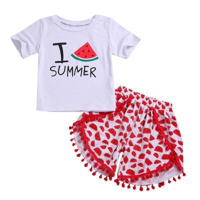 

Summer 2PCSSets Children Baby Girls Casual Letter Print Short Sleeve T-shirtTassel Shorts Clothings Suits Costume Set