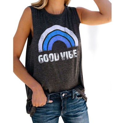 

Camisole Female Round Neck Sleeveless Rainbow Print Wild Long Summer Fashion Simple Sexy Loose Letter Print Size