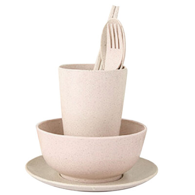 

6pcsset Wheat Straw Outdoor Portable Bowl Cup Spoon Fork Chopsticks Kit Tableware Set
