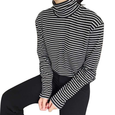 

Women Brand Tshirt 2018 Spring Autumn Turtleneck T-shirts For Women Classic Stirped Slim Tops Plus Size 2XL Female T-shirt Tees