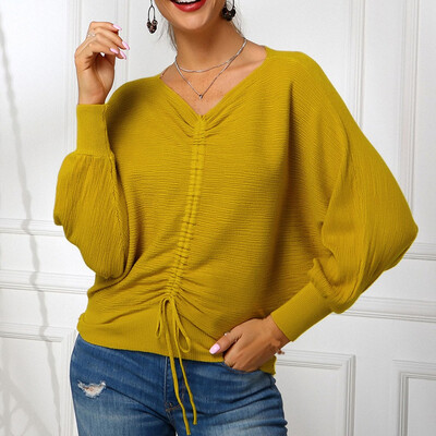

Gobestart Women Office Lady Pullover Knitted Solid Color Long Sleeve V-Neck Sweater