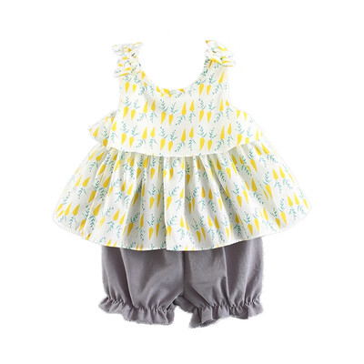 

2PCS 1-4T Summer New Fashion Baby Pure Color Print Short Sleeve Top Shorts Set Children Clothing Set Girls Suits