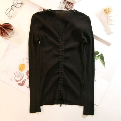 

Womens Sweater Autumn And Winter V-neck Slim Versatile Outer Wear Long-sleeved Sweater Pullover Solid Color Drawstring Knit Top