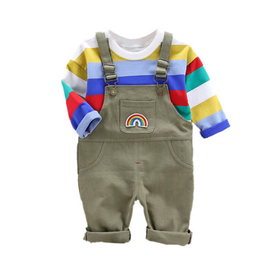 

Spring Autumn Casual Fashion Baby Kids Rainbow Striped Long Sleeve Top And Suspender Trousers Clothing Sets