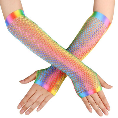 

Womens Fingerless Fishnet Gloves Hollow Out Holes Rainbow Print Dance Party Decorations