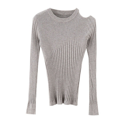 

Women Slim Bottom Knit Off-the-shoulders Sweater Autumn Winter Solid Color Slim Long-Sleeved Round Collar Sweater
