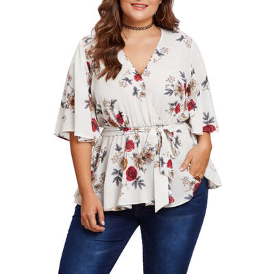 

Womens Blouse Plus Size  Sexy V Neck Floral Print Flare Sleeve Belted Surplice Peplum Tops And Blouse blusas feminina New