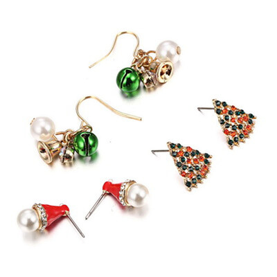 

3 Pairs Cartoon Christmas Alloy Diamond Pearl Earrings