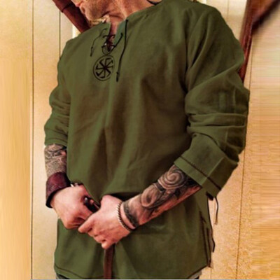 

Men Shirt Pure Color Retro Lace Up Long Sleeve Embroidered Casual Oversize Tops