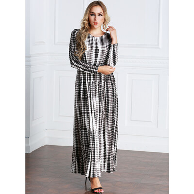 

Casual Women Plus Size Stripe Printed Dress Big Size O-Neck Ankle-Length Long Maxi Dress Black
