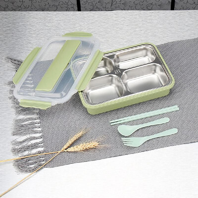 

304 Stainless Steel Lunch Box 4-Grid Microwave Leakproof Four Compartment Meal Box with Free Tableware Set for Students Office Pic
