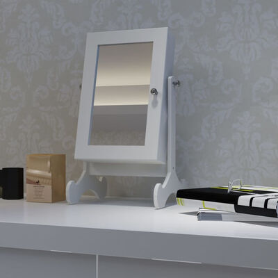 

White Tabletop Wooden Jewelry Cabinet with Mirror