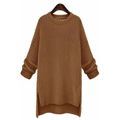 

Women Winter Long Thick Sweaters Irregular O-Neck Long Sleeve Solid Knitted Tops Female Pullovers Split Sweaters