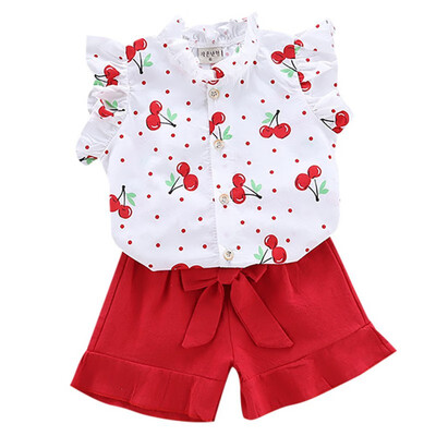 

Baby Girls Clothes Summer 2pcs Children Clothing Fashion Flare Sleeve Cherry Print T-shirt TopsShorts Costume Set