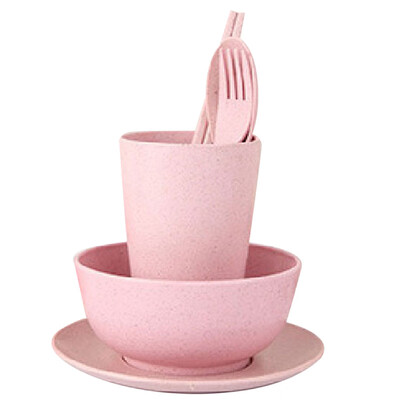 

6pcsset Wheat Straw Outdoor Portable Bowl Cup Spoon Fork Chopsticks Kit Tableware Set