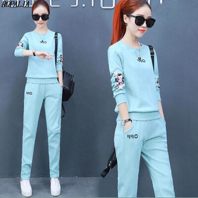 

Womens Long Sleeve T-Shirt Ankle-Length Pants 2PCSSet O-Neck Letter Print Top Elastic Waist Pockets Sports Suit