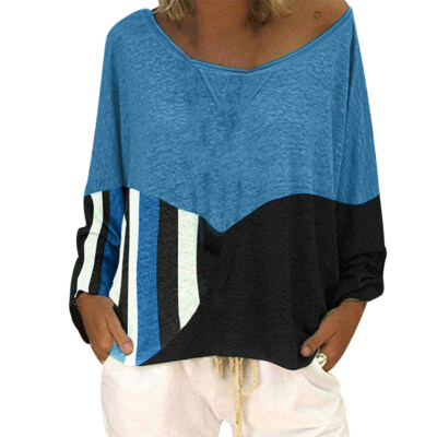 

Plus Size Casual Color Block Striped Women Long Sleeve Round Neck T-Shirt Top