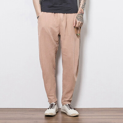 

Gobestart Mens Casual Linen Breathable Loose Long Pants Solid Color Straight Trousers