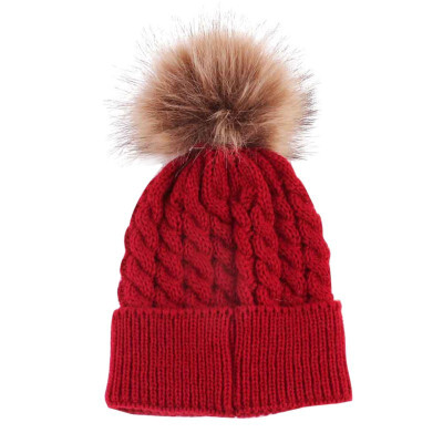 

Baby Boy Girl Winter Warm Lined Earmuffs Knitted Big Fur Ball Braid Solid Color Hat Beanie Knit Caps