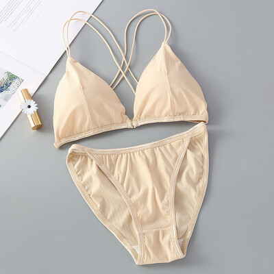 

Women Ice Slik Bra Set Front Closure Knitted Cross Back Padded Wireless Seamless Sexy Bralette&Brief New