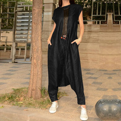

19newM-5xl Plus womens summer cambric cotton round collar workwear pure color short sleeves casual&comfortable jumpsuit