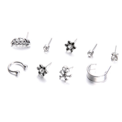 

9PcsSet Boho Silver Color Stud Earring Set Flower Skull Crystal Retro Fashion Earrings For Women Stud Earing Brincos Jewelry