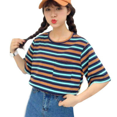 

Fashion Stripe Print Round Neck Short Sleeve T-Shirt Summer Women Loose Tee Top