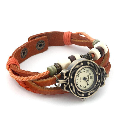 

Leaf Charm Lady Watch Bracelet Vintage PU Leather Strap Wristwatch Hand Knit Retro Quartz Analog Casual Watches